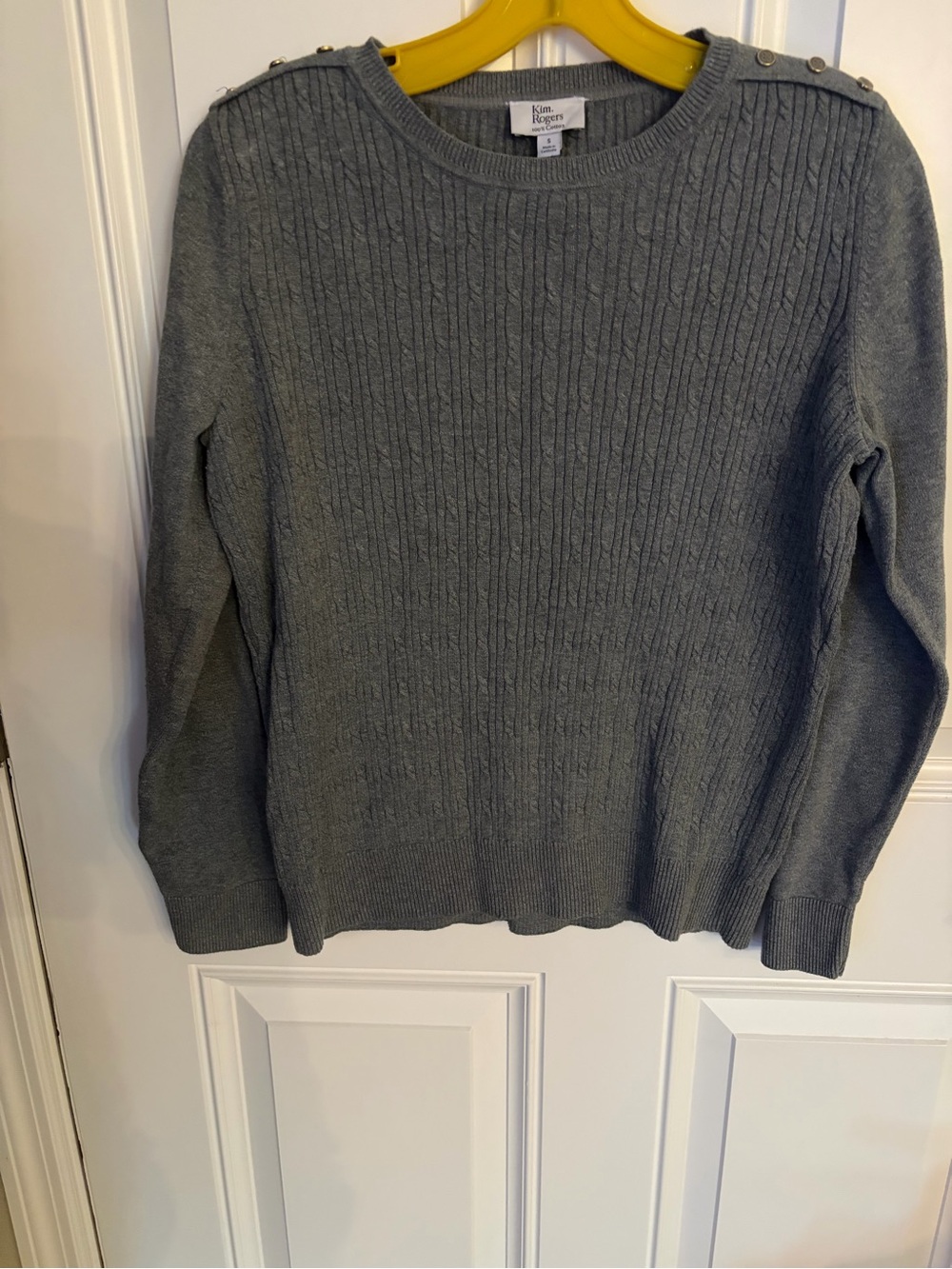 Kim Rogers Steel Gray Cable-Knit Crewneck Sweater with Shoulder Buttons